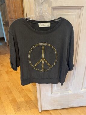Vintage Havana Black Cropped Sweatshirt with Gold Studded Peace Sign